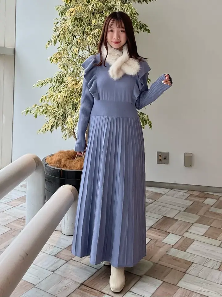 45R　フロート縮絨フリルニットワンピース　ロング　45rpm　ロゴ刺繍　長袖 45R フロート縮絨フリルニットワンピース ロング 45rpm ロゴ刺繍 長袖