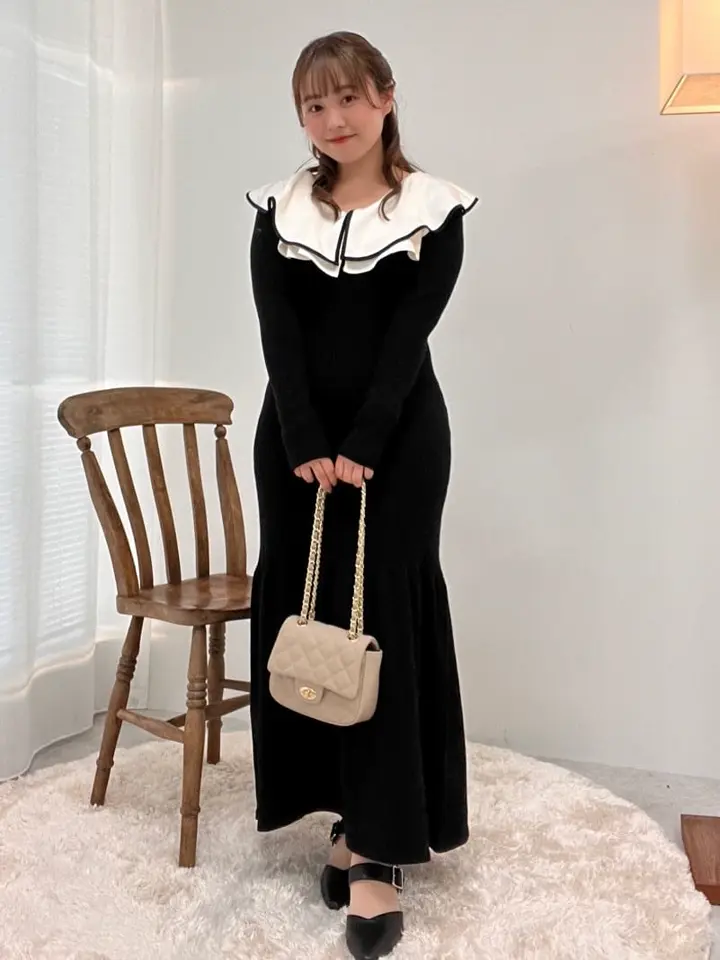 パイピングフレアカラーニットワンピース/earth music&ecology（アース