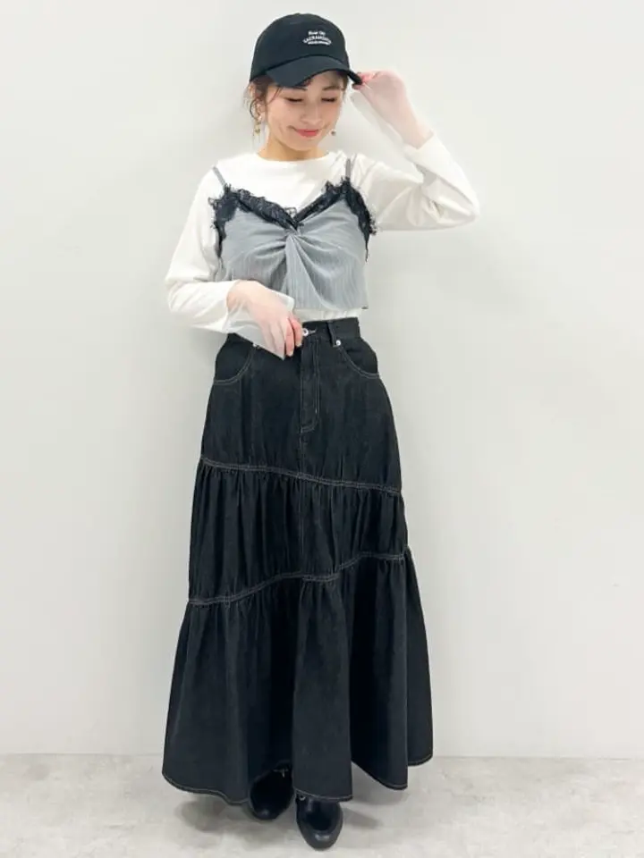 ピンストライプ胸元レースビスチェ/earth music&ecology（アース