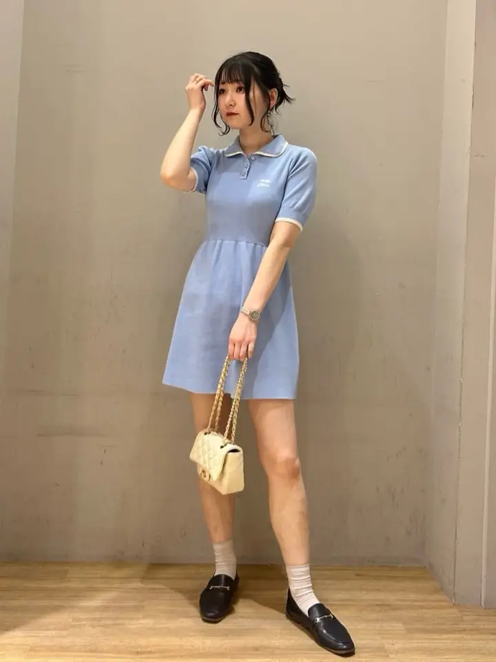 水色と白のストライプ ポロワンピース ウォッシャブル】ドレープストライプ ワンピース(ワンピース)｜Paul