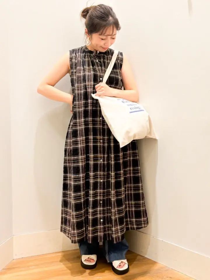 綿クレープワンピース(check柄)/earth music&ecology（アース