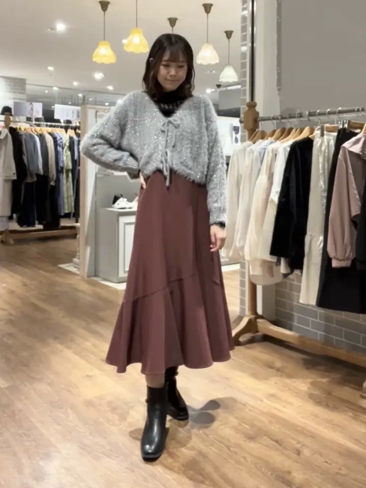 フェザーラメフロントリボンニットカーディガン/earth music&ecology