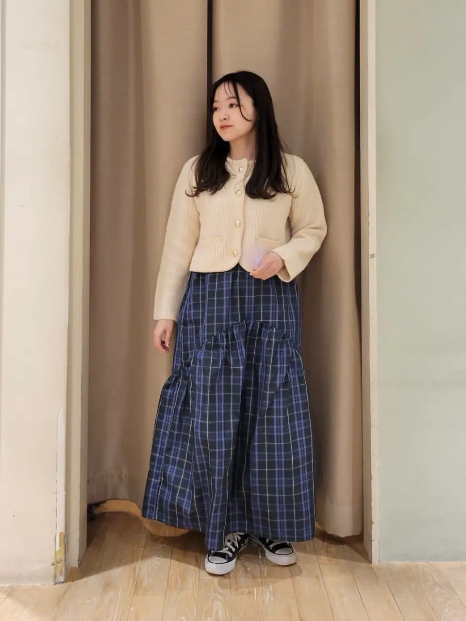 メモリータフタチェックスカート/earth music&ecology（アース