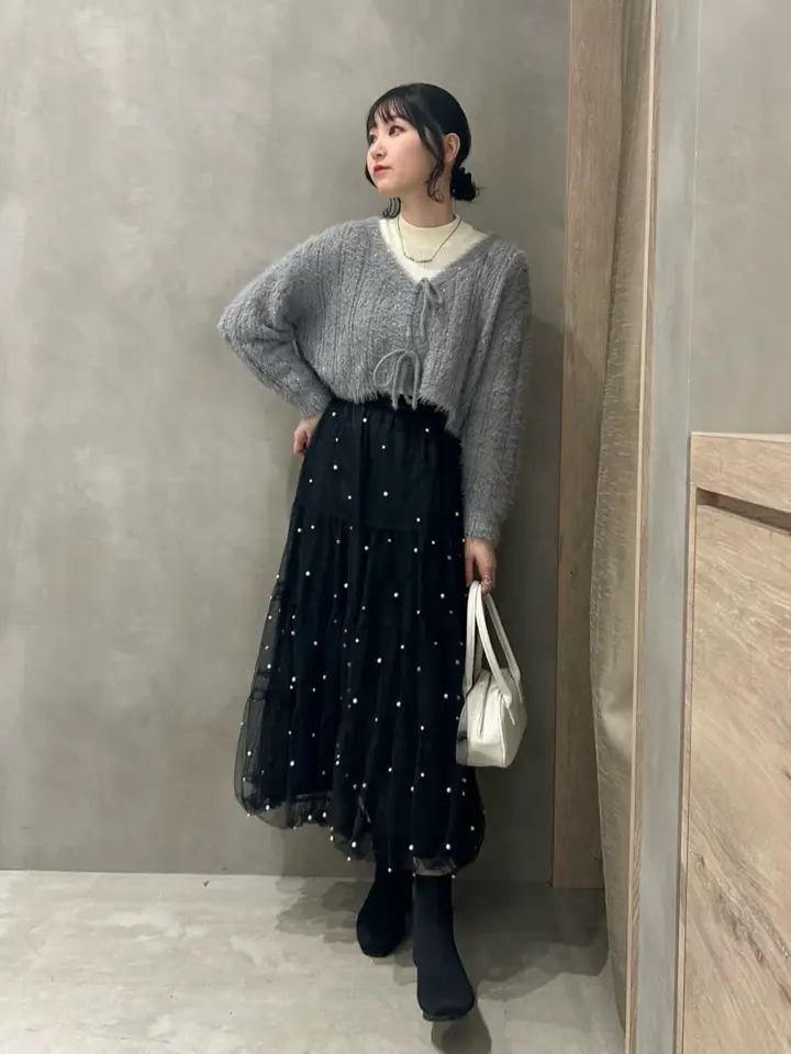 フェザーラメフロントリボンニットカーディガン/earth music&ecology