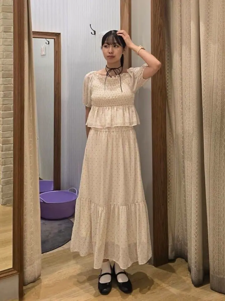 SET2点フロッキードットブラウス＋スカート/earth music&ecology