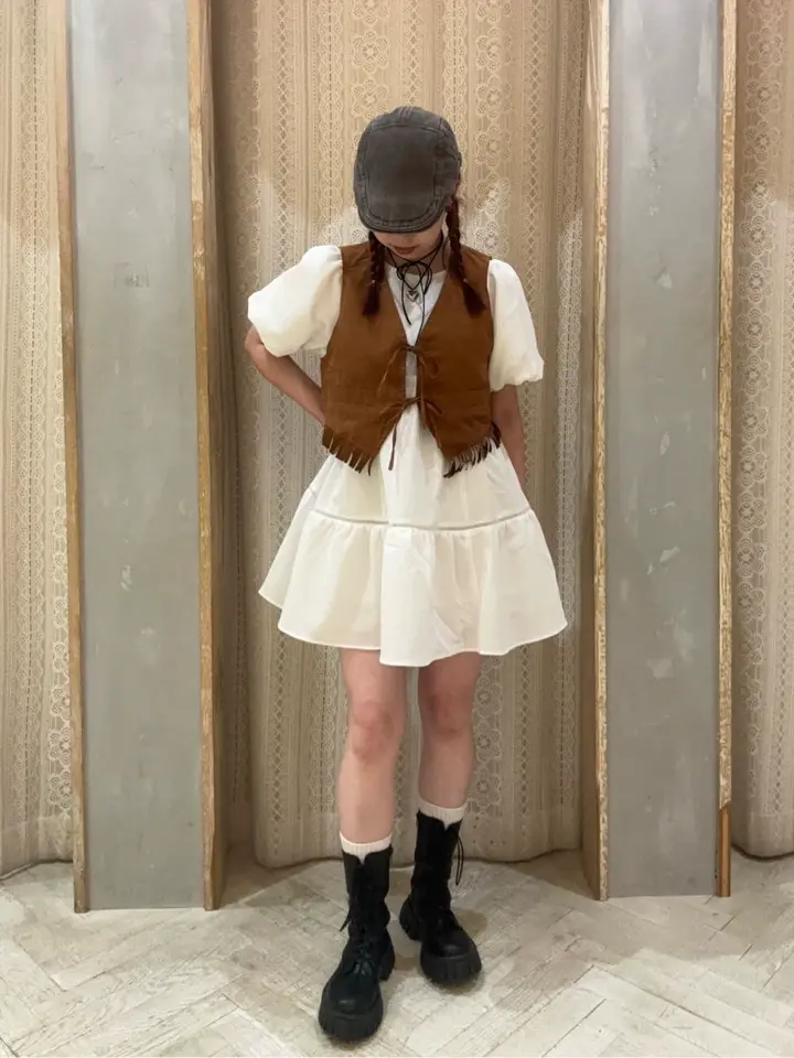 ≪USED≫バックリボンパフスリーブミニワンピース/earth music&ecology