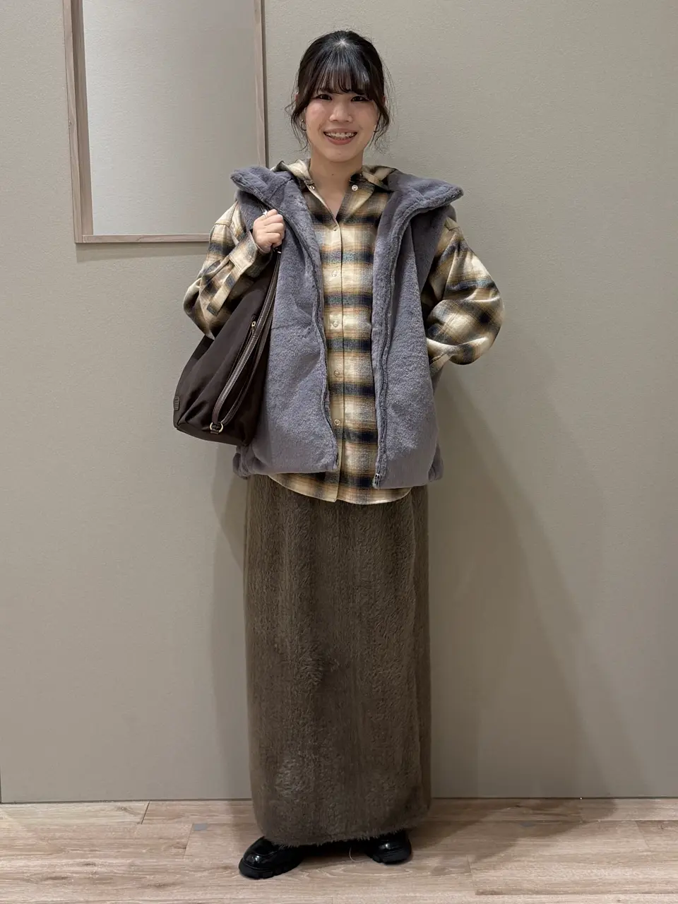 イークラット|ロングベスト 文字柄【42】スタンドカラー Aライン 起毛 グレー スタンドカラーZIPファーベスト/Green Parks（グリーン パークス）の