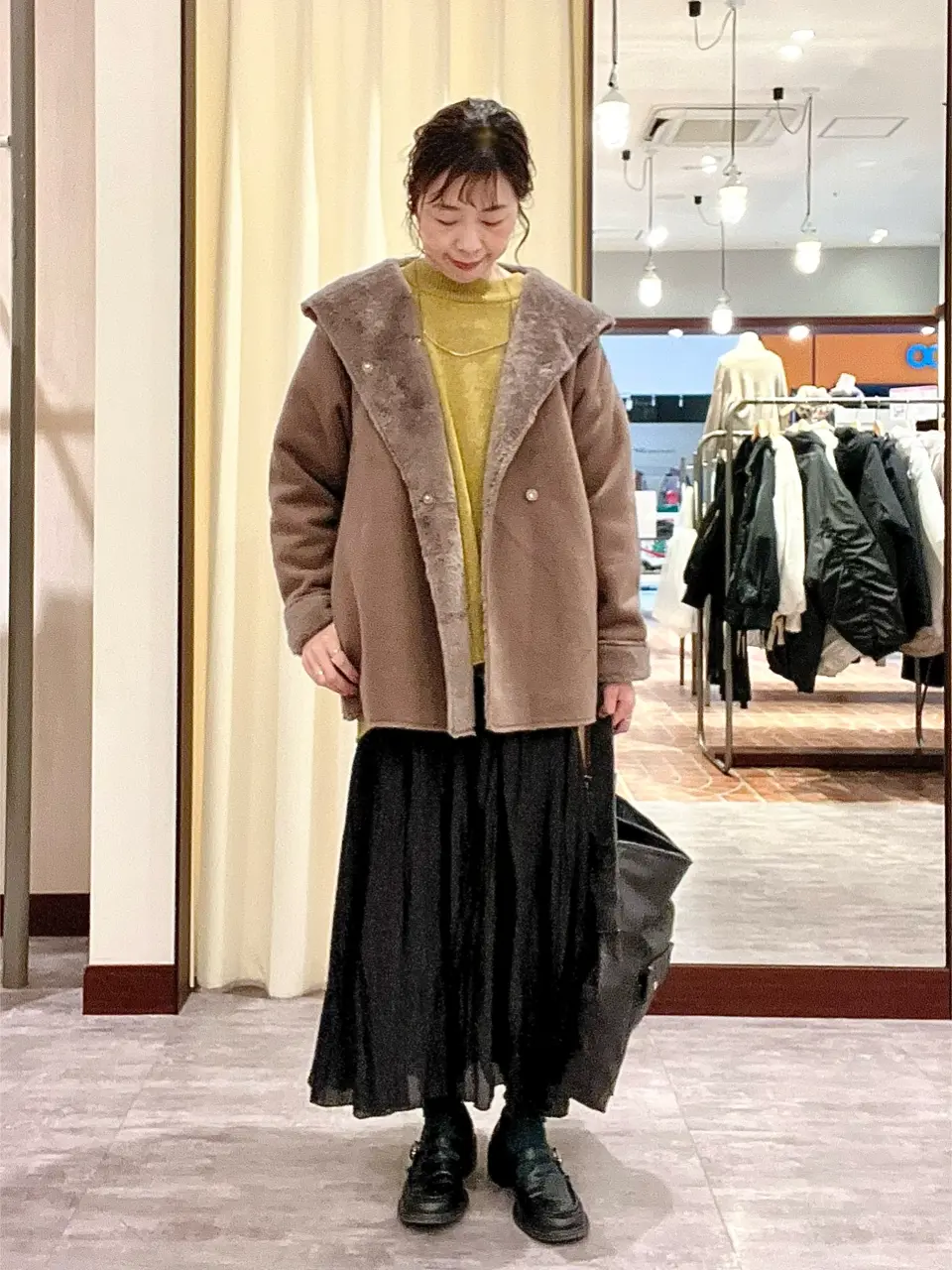 シャイニーサテンセルフプリーツギャザーフレアスカート/Green Parks