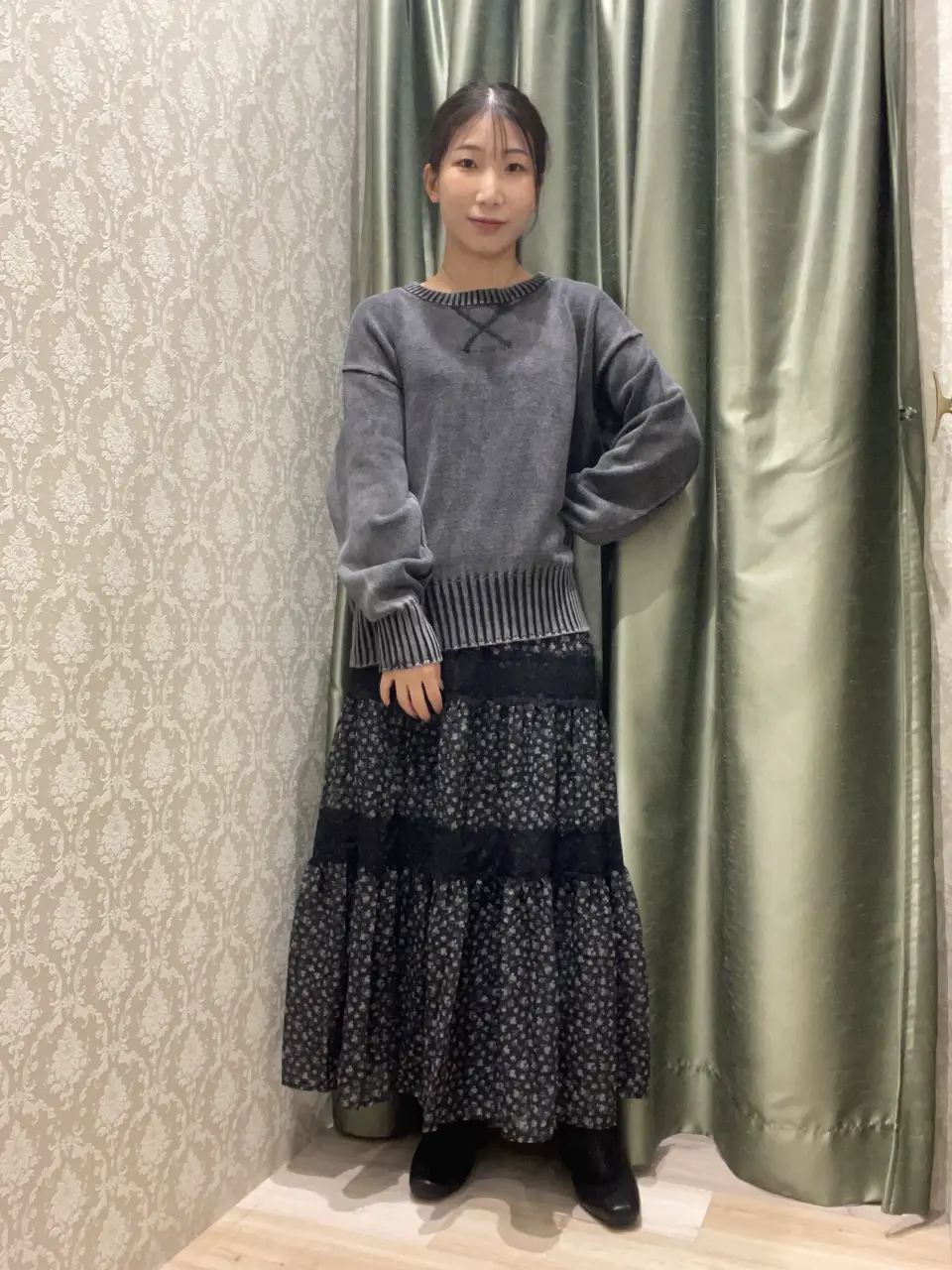 レースドッキング花柄ティアードスカート/Green Parks（グリーン