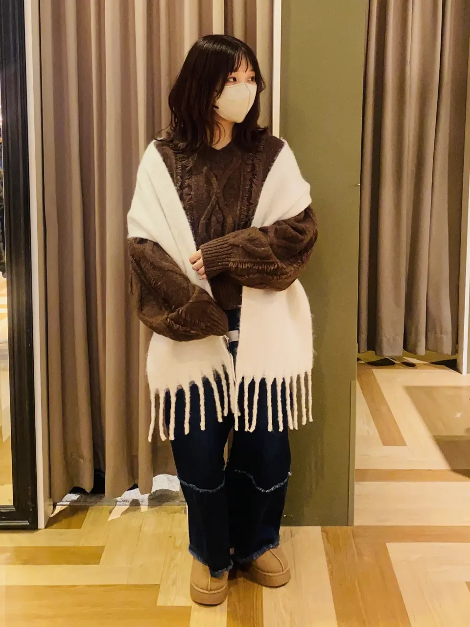 □ESCAR フリンジケーブルポップコーンニット/Green Parks（グリーン