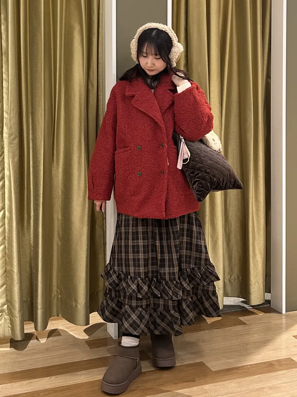 □ESCAR チェックペプラムフレアスカート/Green Parks（グリーン