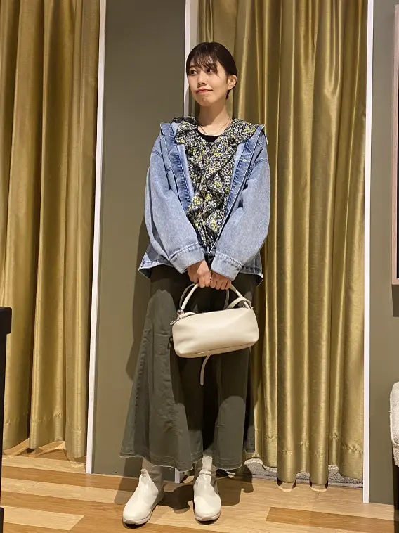 グードルンショウデン 花柄 ブラウス フリル 長袖 緑 XL 綿 デイリー 