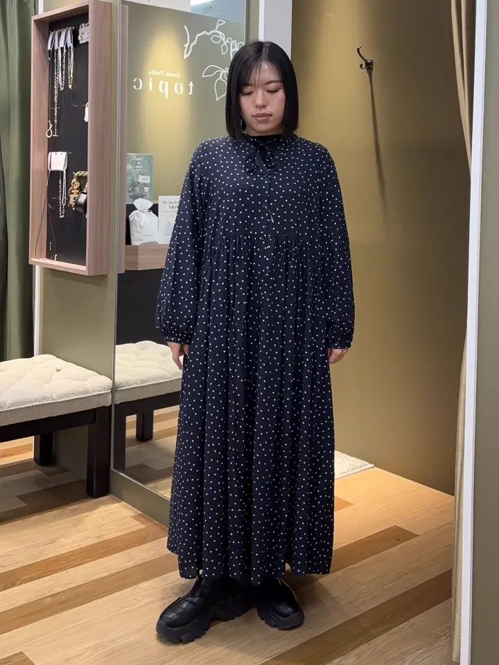 5336【美品】45R スキッパーギャザーチュニック ワンピース ダークグレー スキッパーギャザーワンピース/Green Parks（グリーン パークス）の