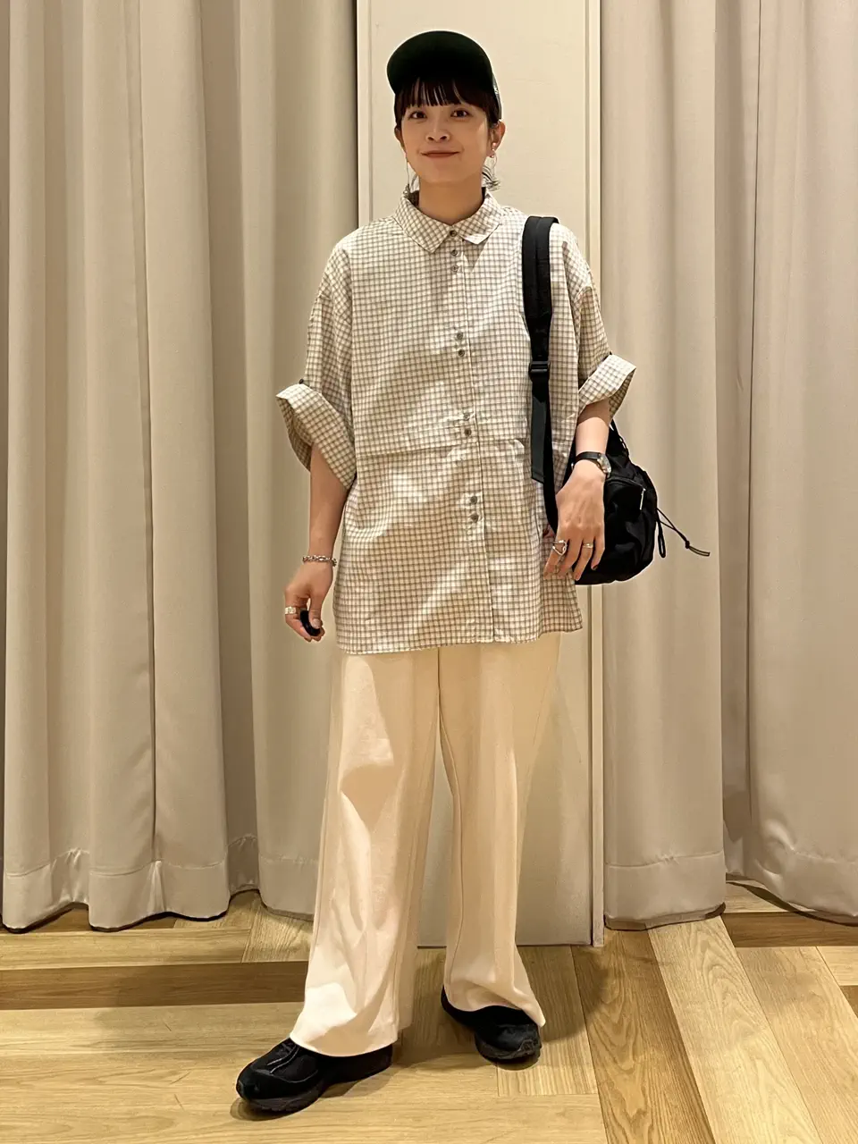 イザベルマラン　ダークグリーン フリル袖 半袖シャツ NMDS26231D(シャツ) 80s ORGANIC MICRO CHECK OVERDYE MINI PINTUCK