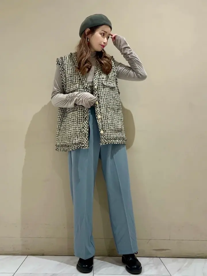 ELENCARE DUE ツィードノーカラーベスト/Green Parks（グリーン