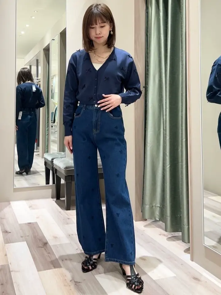 Double Flags リボン刺繍ストレートデニム/Green Parks（グリーン