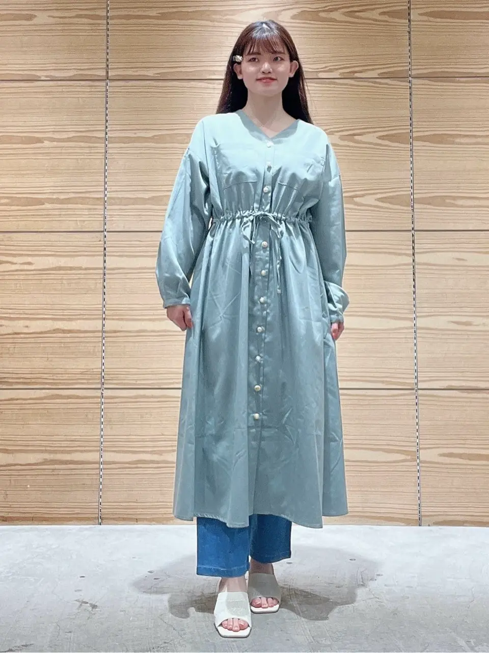 ELENCARE DUE Vネックイロイロ釦ワンピース/Green Parks（グリーン