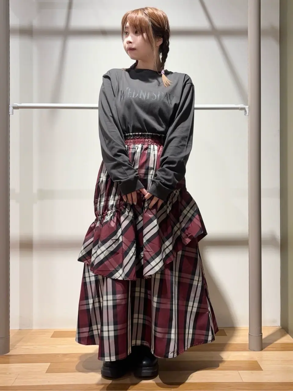 SUGARSPOONチェックドロストティアードスカート/Green Parks（グリーン