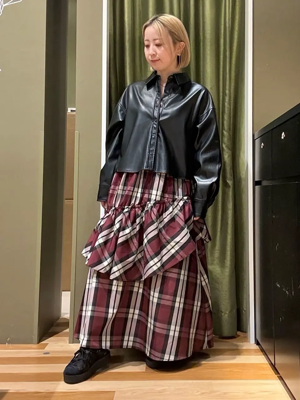 SUGARSPOONチェックドロストティアードスカート/Green Parks（グリーン