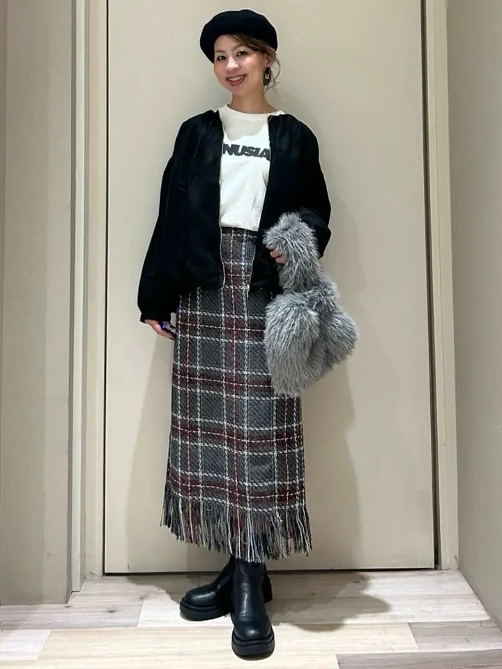 SUGAR SPOON チェックフリンジスカート/Green Parks（グリーン