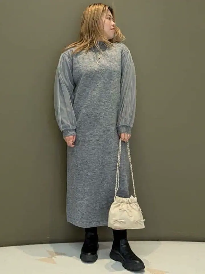 杢グレー袖チュールニットワンピース/Green Parks（グリーン パークス