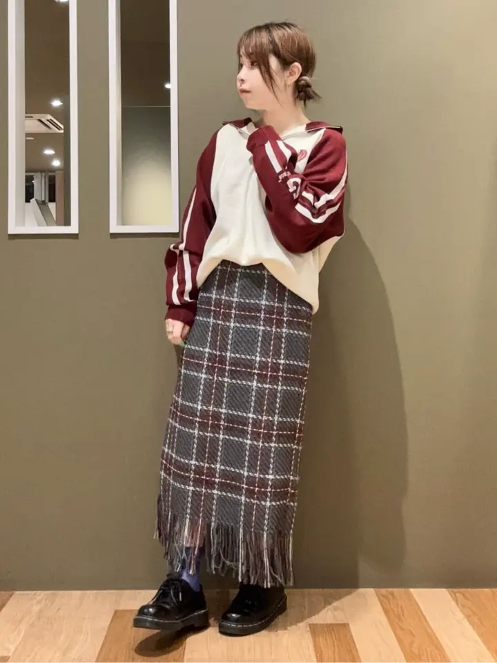 SUGAR SPOON チェックフリンジスカート/Green Parks（グリーン