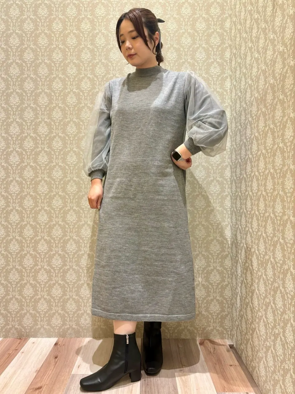 杢グレー袖チュールニットワンピース/Green Parks（グリーン パークス
