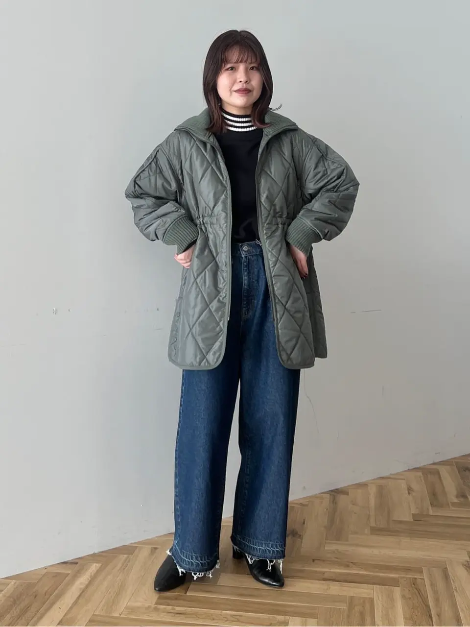 LesCopains✨キルティングレザーコート　 Aライン　刻印ボタン　L 総柄 リブスタンドキルティングコート/Green Parks（グリーン パークス）の