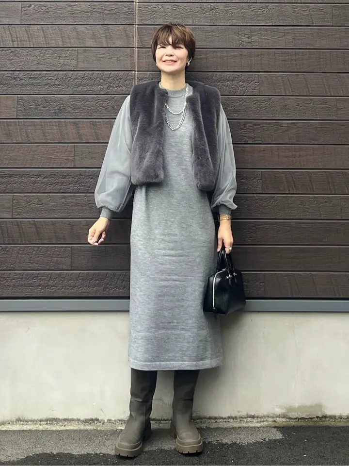 杢グレー袖チュールニットワンピース/Green Parks（グリーン パークス