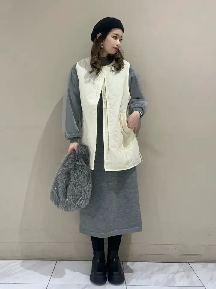 杢グレー袖チュールニットワンピース/Green Parks（グリーン パークス