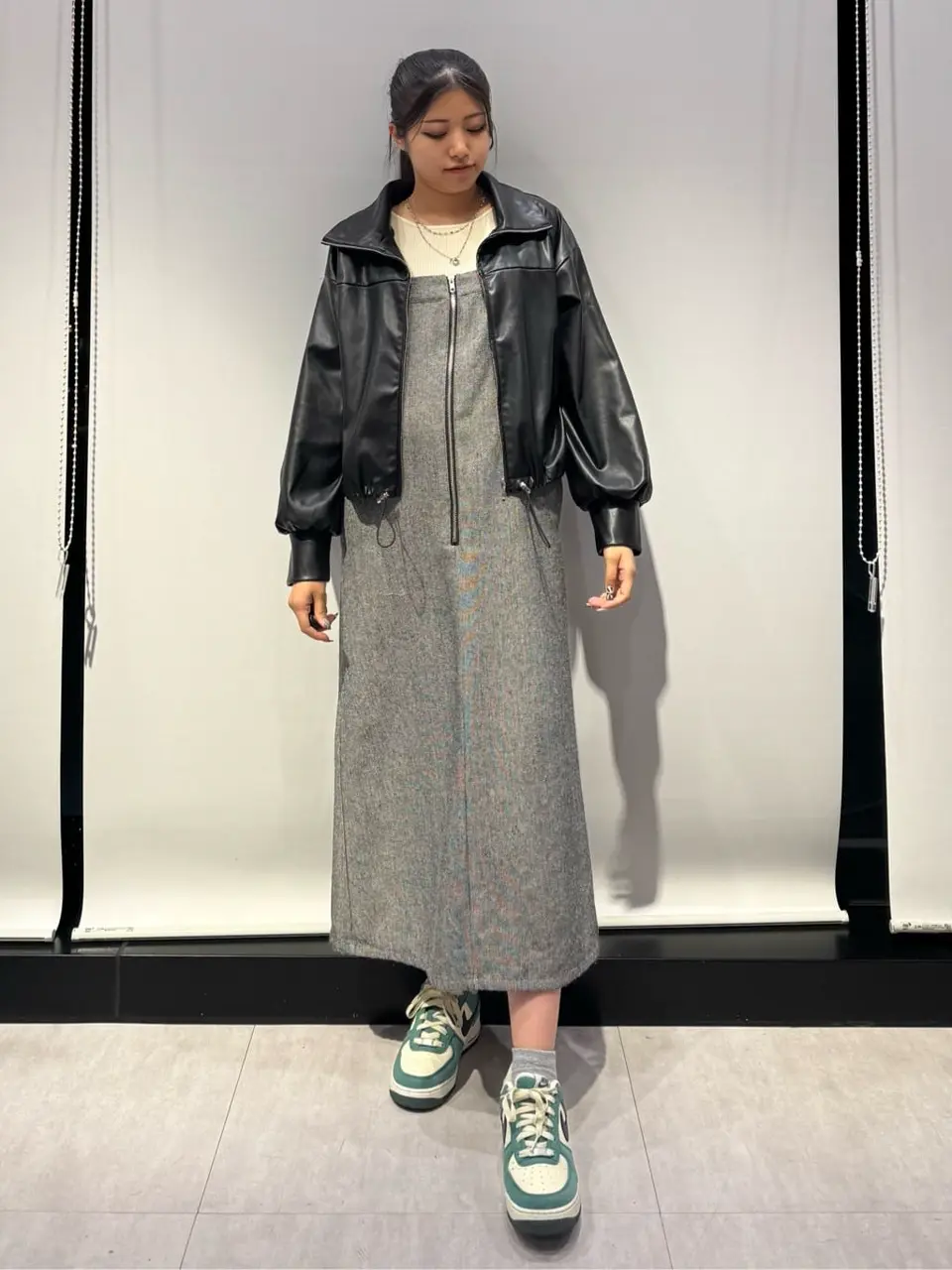 ユキエモンモノクロームベア部屋柄ジャンスカ新品未使用 ELENCARE DUE ツイードZIPUPジャンスカ/Green Parks（グリーン