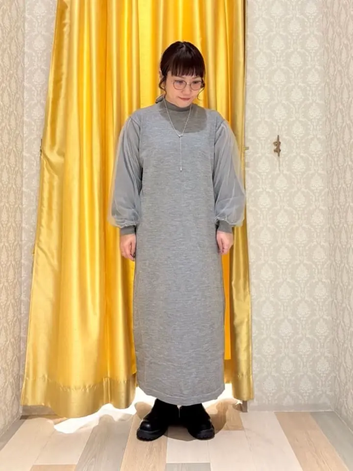 杢グレー袖チュールニットワンピース/Green Parks（グリーン パークス