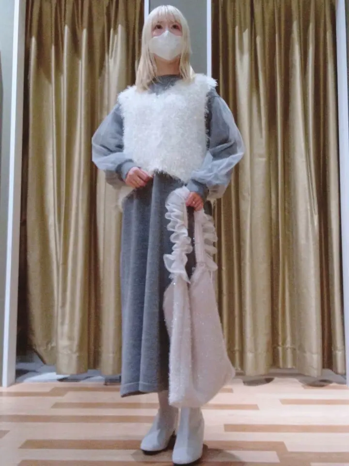 杢グレー袖チュールニットワンピース/Green Parks（グリーン パークス