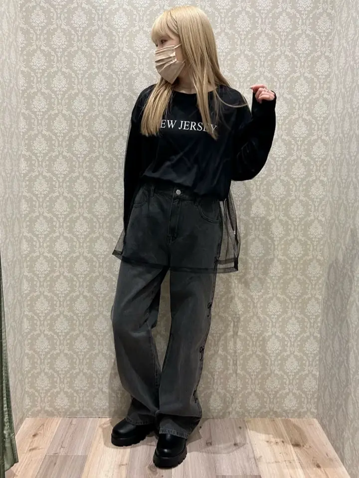 正規品♡リボンプルオーバー＆リボン柄ロングパンツ♡ダークグレー DOUBLE FLAGS サイドリボン刺繍デニム/Green Parks（グリーン パークス