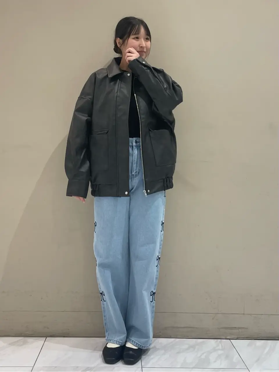 正規品♡リボンプルオーバー＆リボン柄ロングパンツ♡ダークグレー DOUBLE FLAGS サイドリボン刺繍デニム/Green Parks（グリーン パークス