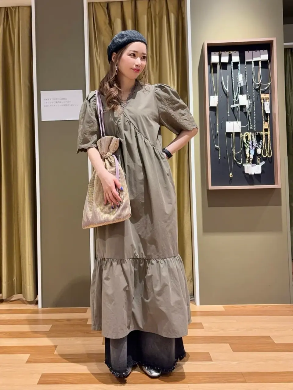 □ESCAR 刺繍スリーブギャザーワンピース/Green Parks（グリーン