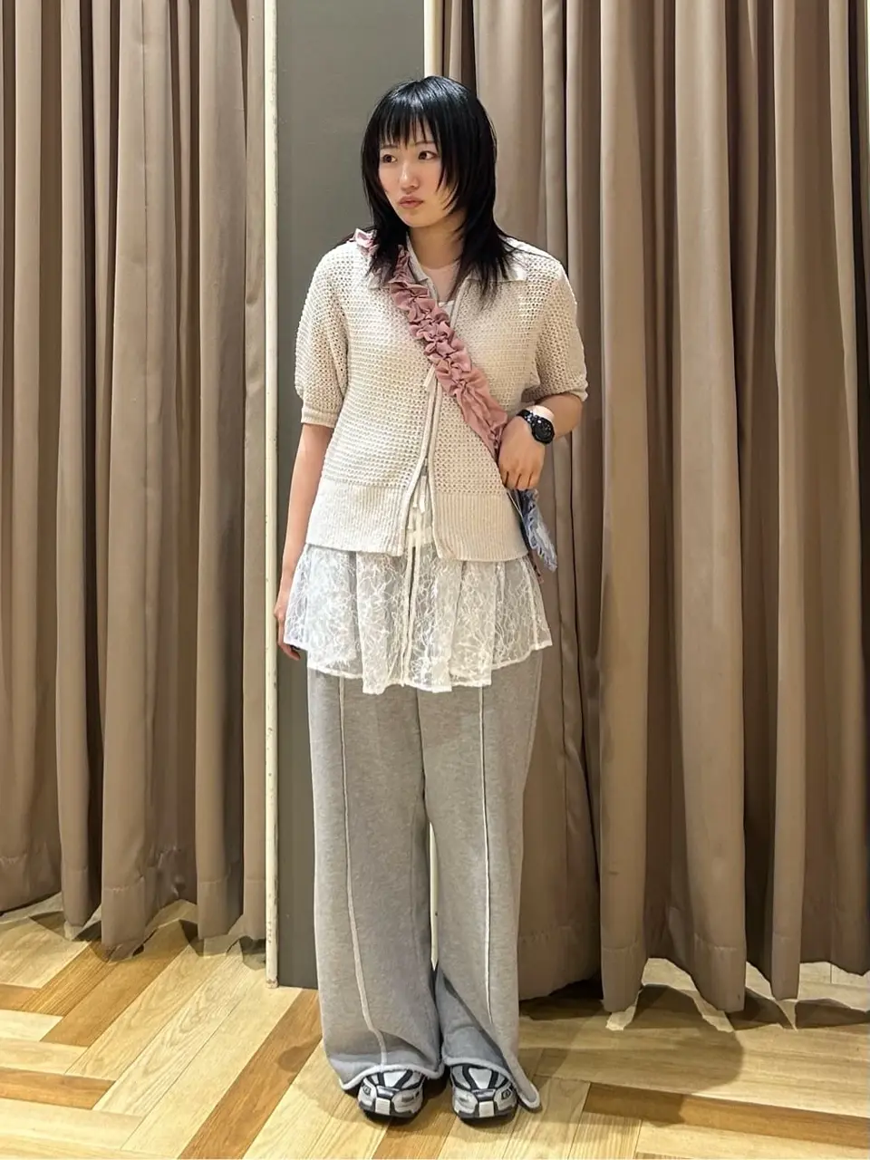 襟付きメッシュ編みZIPカーディガン/Green Parks（グリーン パークス