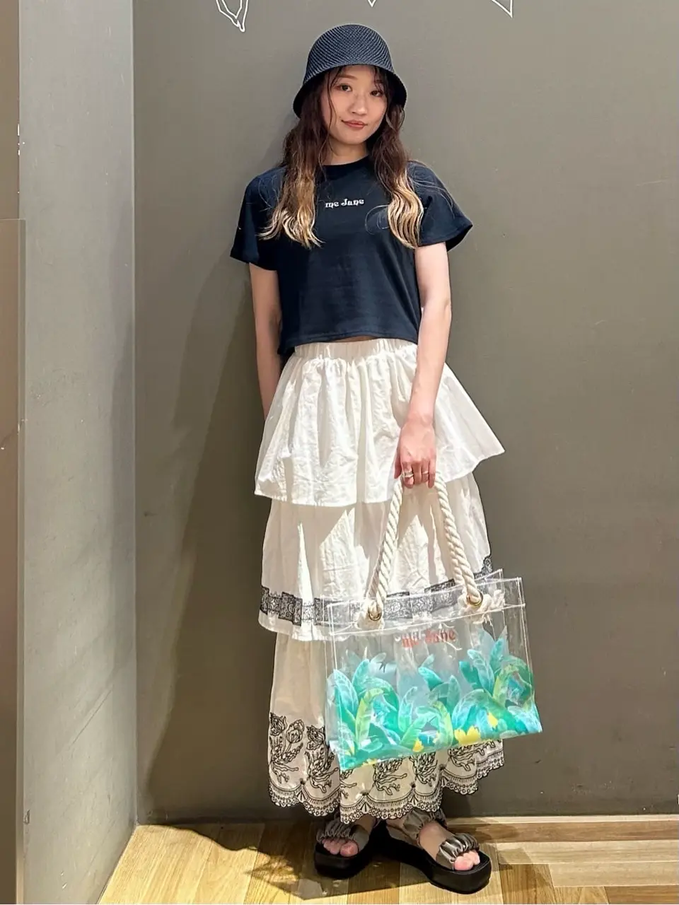 □ESCAR バイカラー刺繍ティアードスカート/Green Parks（グリーン