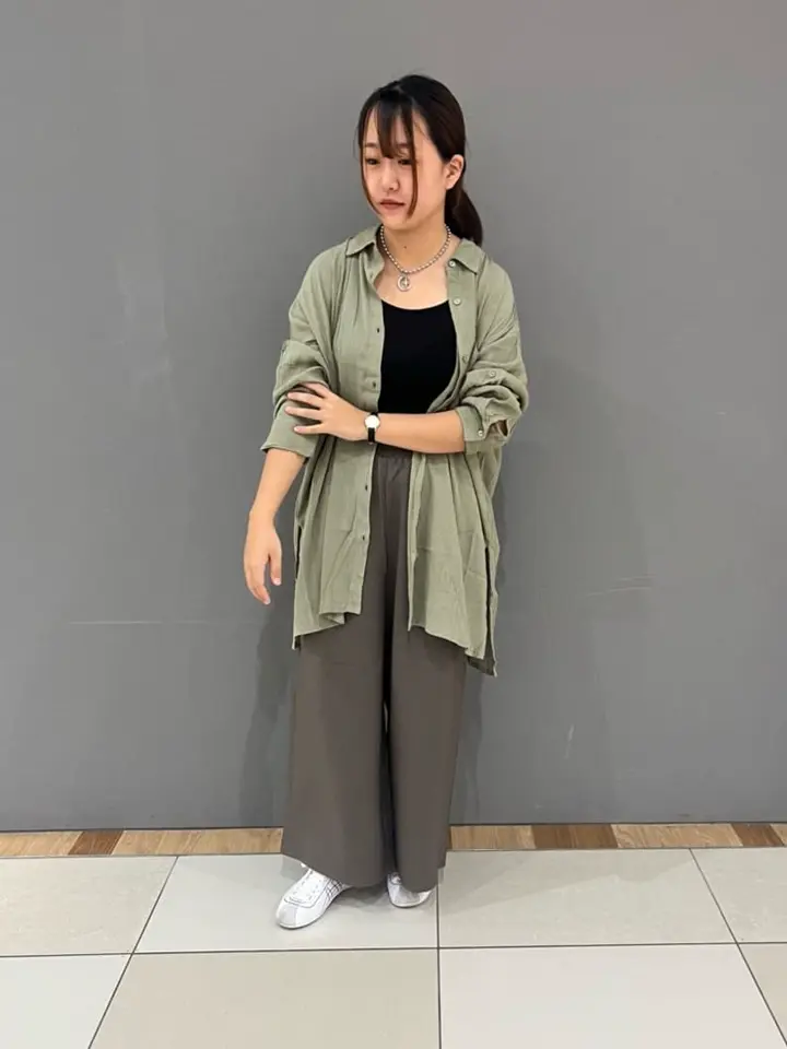 麻調ウエストギャザーフレアワイドパンツ/Green Parks（グリーン