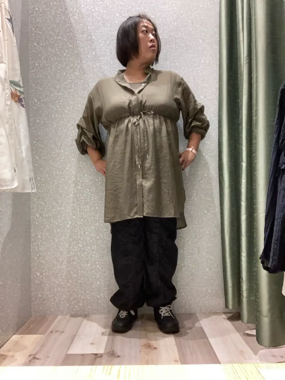 ババグーリ2021イエローレーベル ブラック七分袖チュニック バンドカラー比翼タック袖チュニック/Green Parks（グリーン パークス