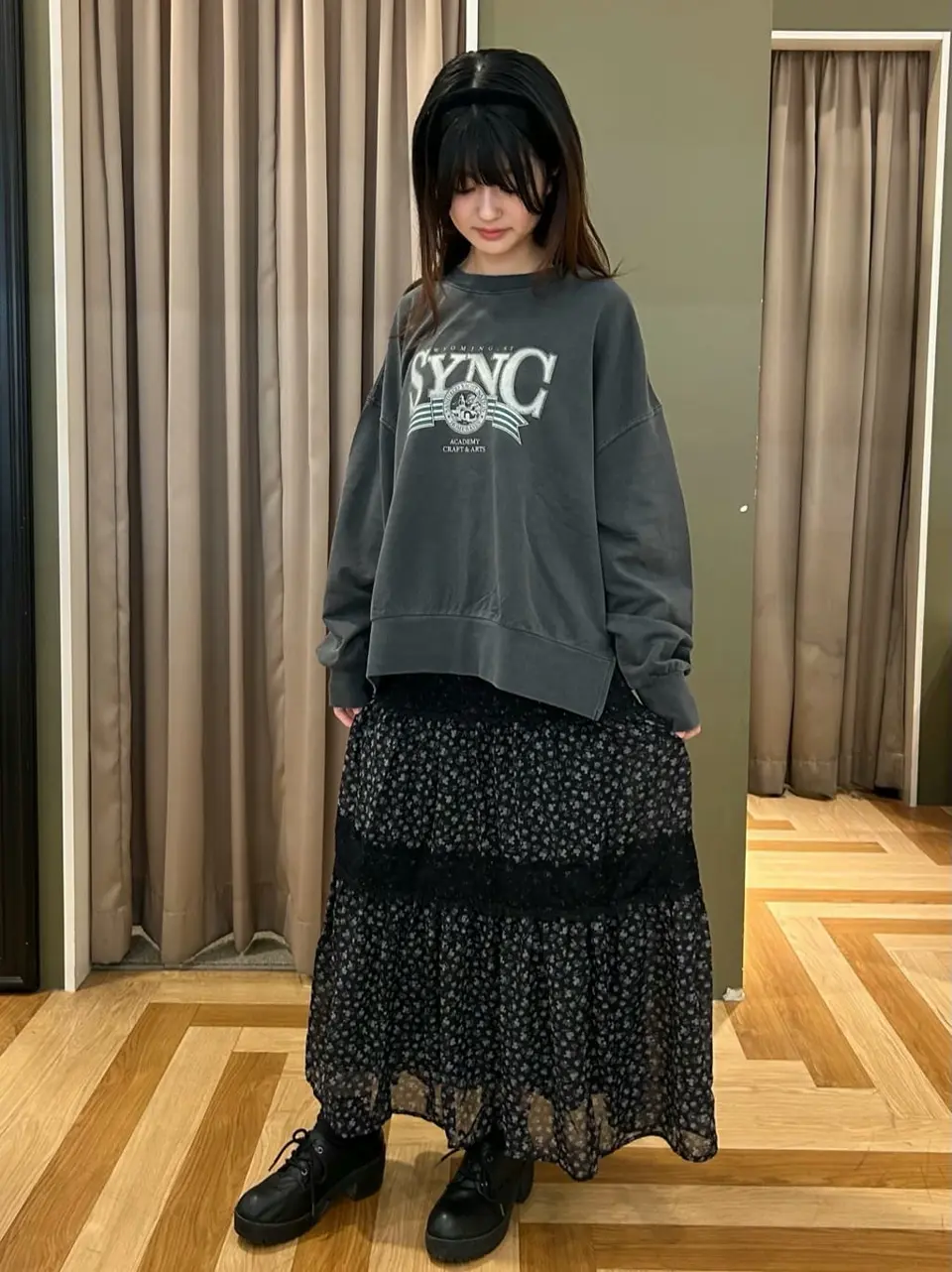 レースドッキング花柄ティアードスカート/Green Parks（グリーン