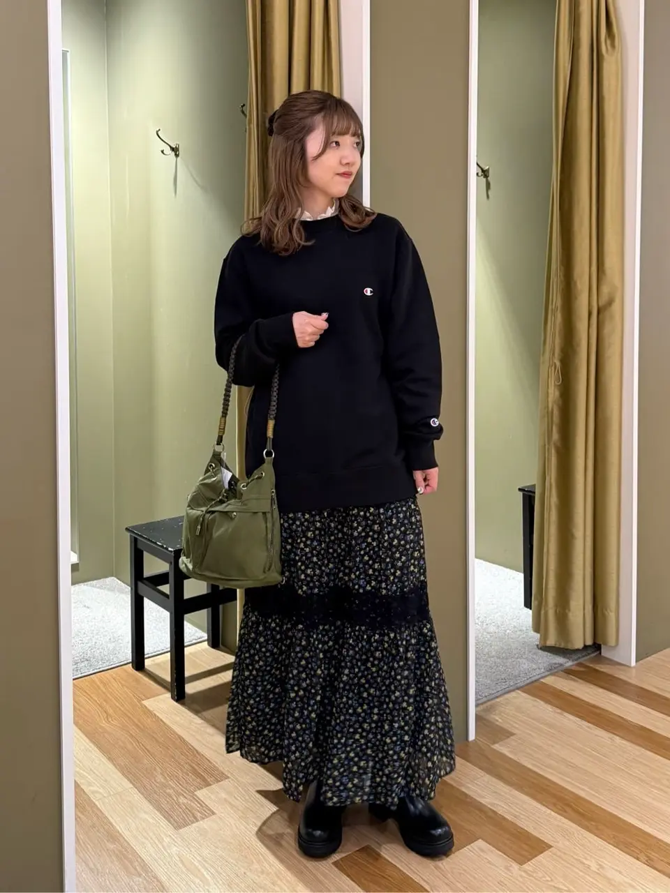 レースドッキング花柄ティアードスカート/Green Parks（グリーン