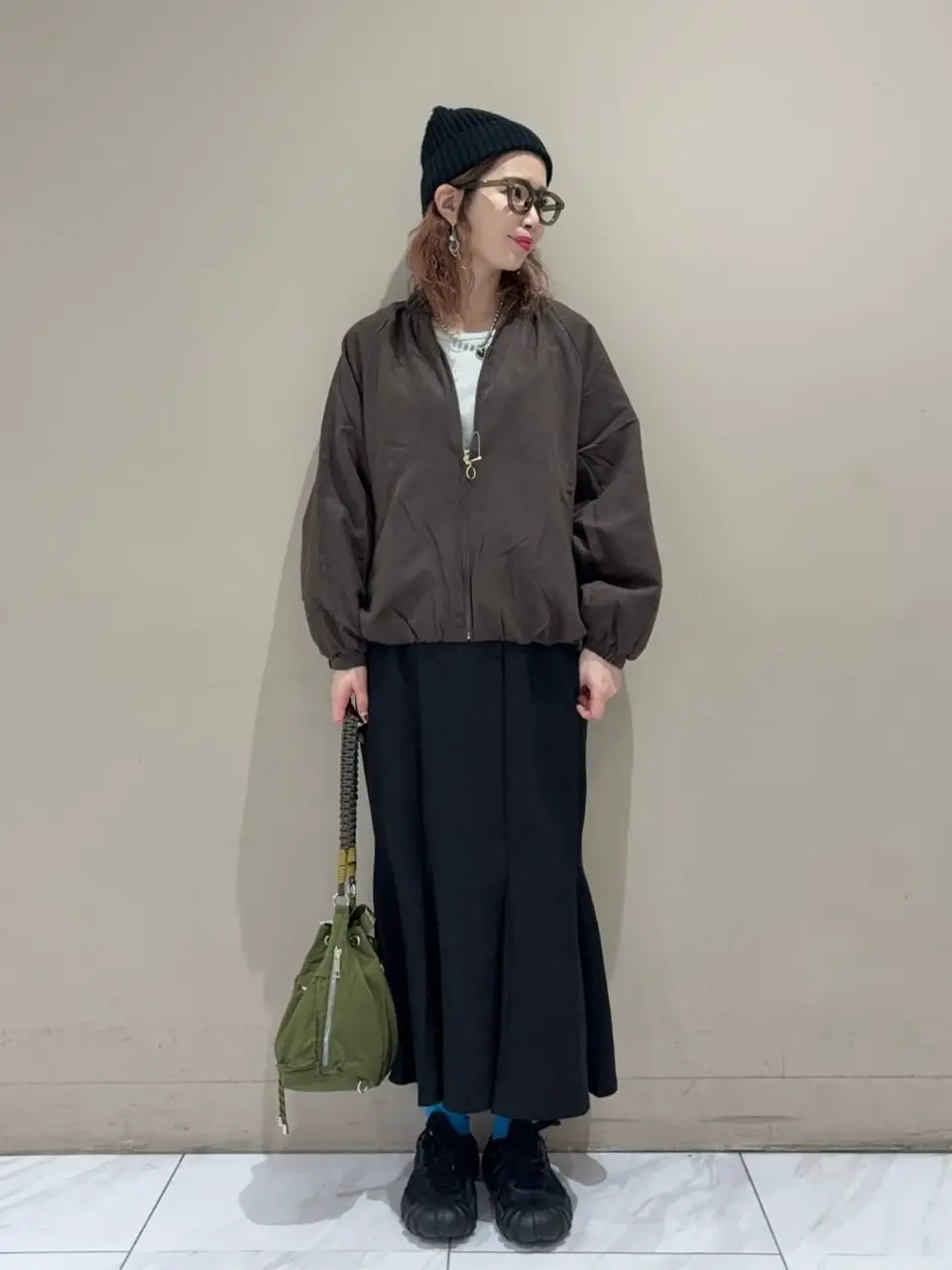 【SAKI】キャバン ハウンドトゥースチェック スタンドブルゾン スウェードライクギャザーブルゾン/Green Parks（グリーン