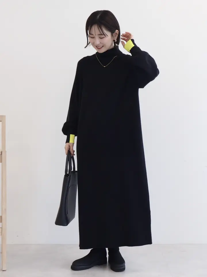 た*ゆ様 カシミヤ100%❤️モックネックAラインワンピースドレス❤️黒ブラック バイパチモックネックニットワンピース＜静電気軽減＞/AMERICAN HOLIC