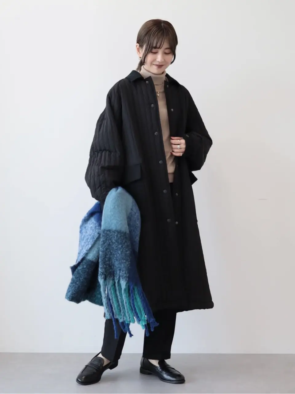 花柄ストライプロングコート 花刺繍入り フード付きロングコート（フーデットコート） | one