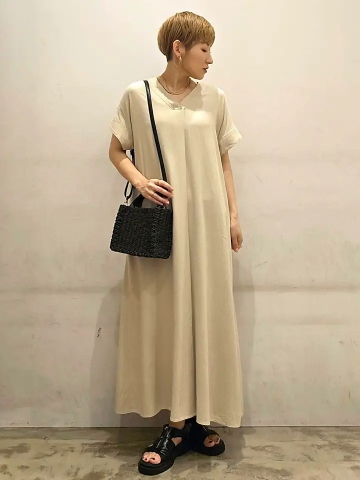 接触冷感Vネックリネンブレンドワンピース/AMERICAN HOLIC（アメリカン