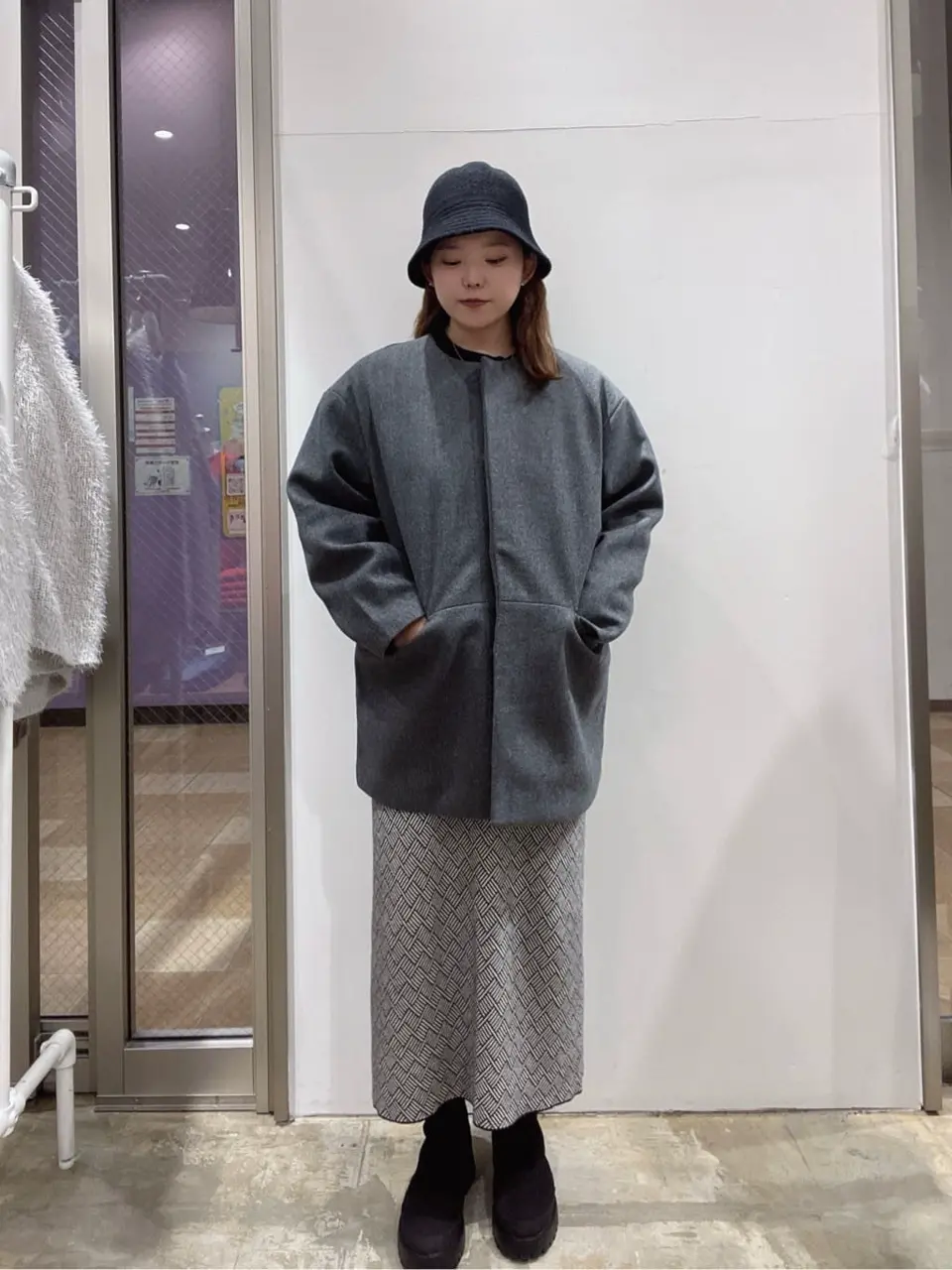 ≪USED≫中空FIBERロングノーカラーコート【軽量アウター】/AMERICAN