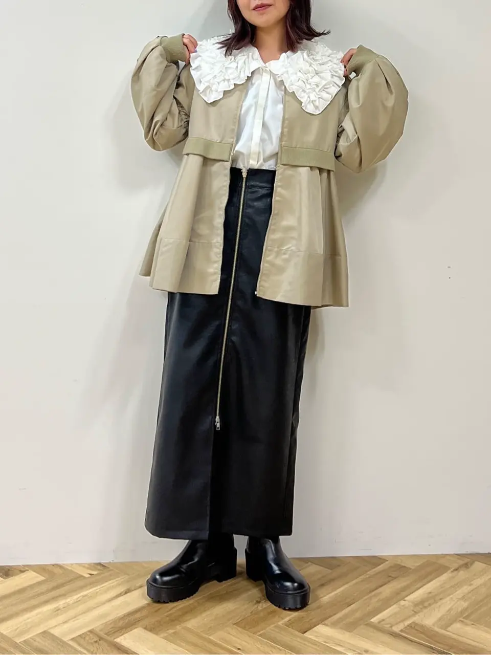 ELENCARE DUEフェイクレザーW-ZIPスカート/Green Parks（グリーン