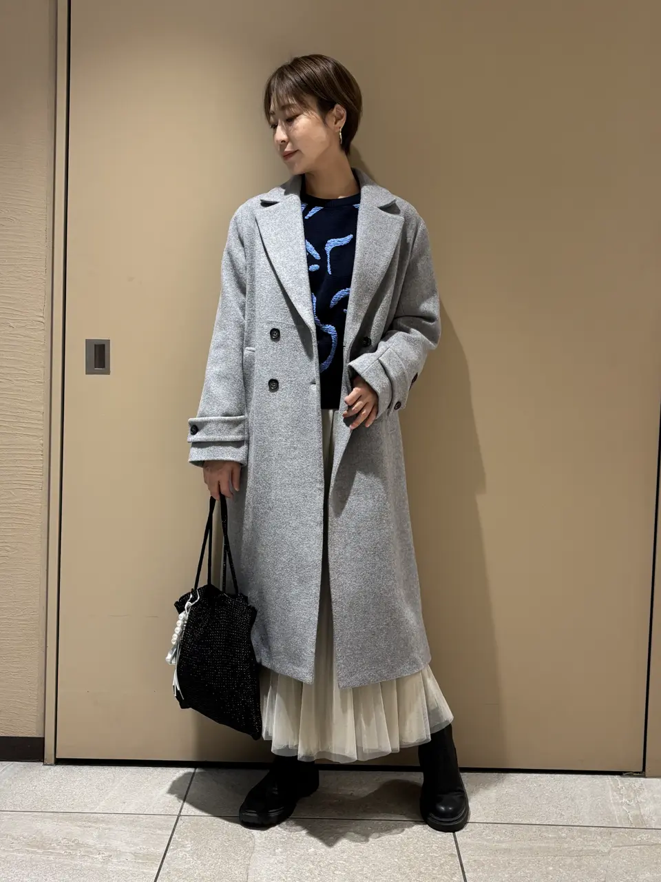 ♥売り切りセール♥✿エイココンドゥ ✿デザイン起毛長袖 ハーフコート moment+ コート アウター フェイクウールモッサリブスタンドカラー