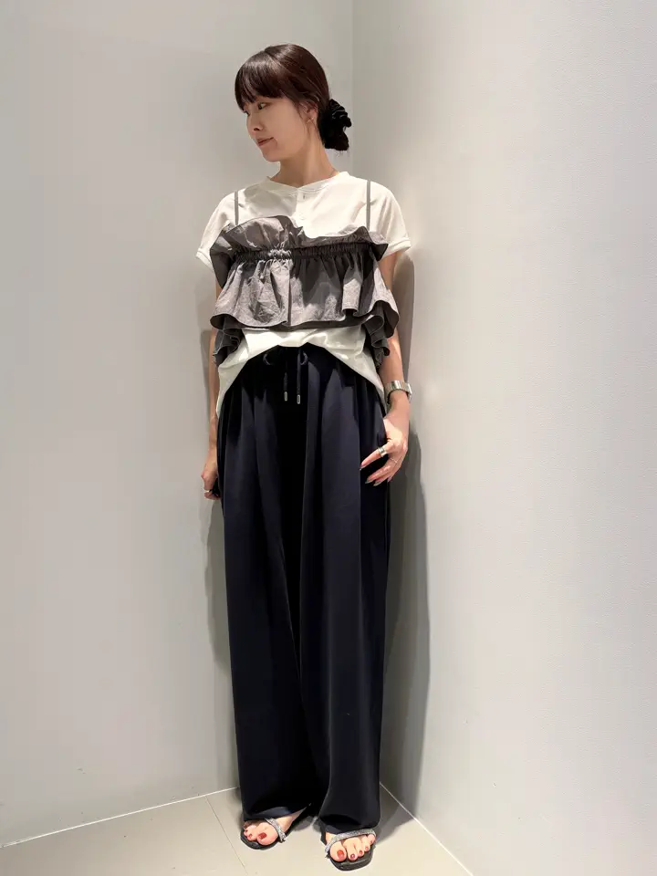 GOLDS♡肩紐ビジュー付き♡サテン×シフォン♡ラッフルフリルキャミトップス♡黒 ギャザーラッフルビスチェ/GARAGE OF GOOD CLOTHING（ガレージ オブ